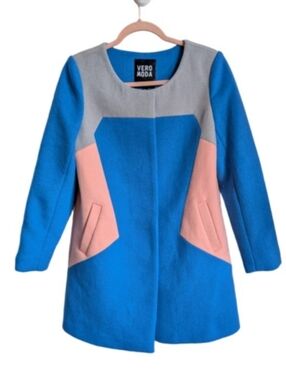 VERO MODA Blue Pink Wool Abstract Office Casual Mod Retro Coat Size Small